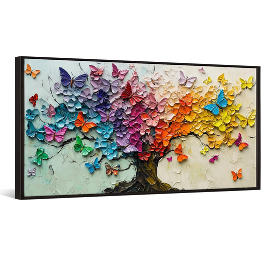 iKNOW FOTO Colorful Butterfly Tree Canvas Print with Black Floater Frame Rainbow Abstract Wall Art for Living Room Bedroom Office Ready to Hang 20x40''