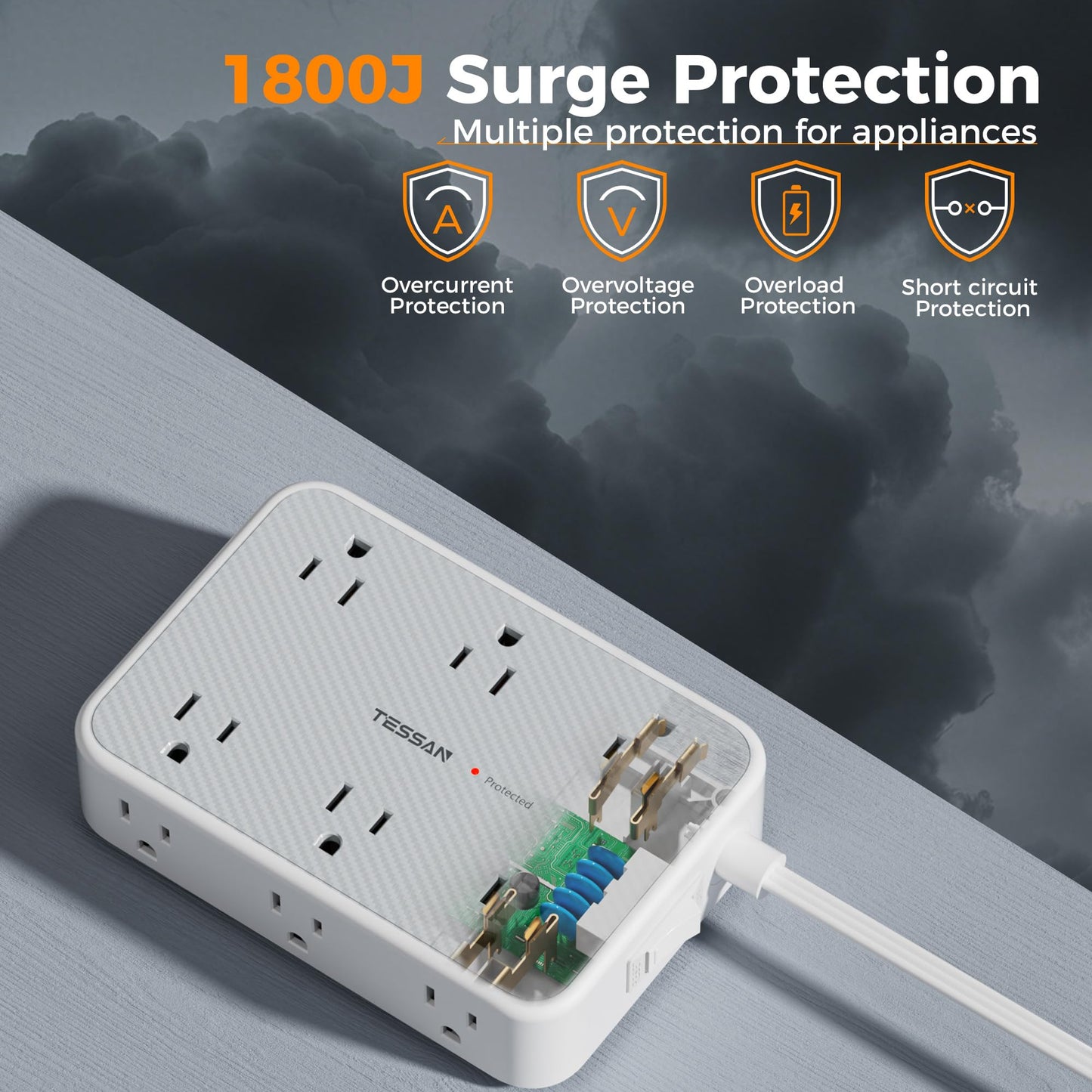 TESSAN Surge Protector Power Strip, 10FT Flat Extension Cord with Multiple Outlets, 12 Outlet Extender with 4 USB (2 USB-C), Flat Plug Power Strip, 1800J Surge Protection, Office, Dorm Essentials