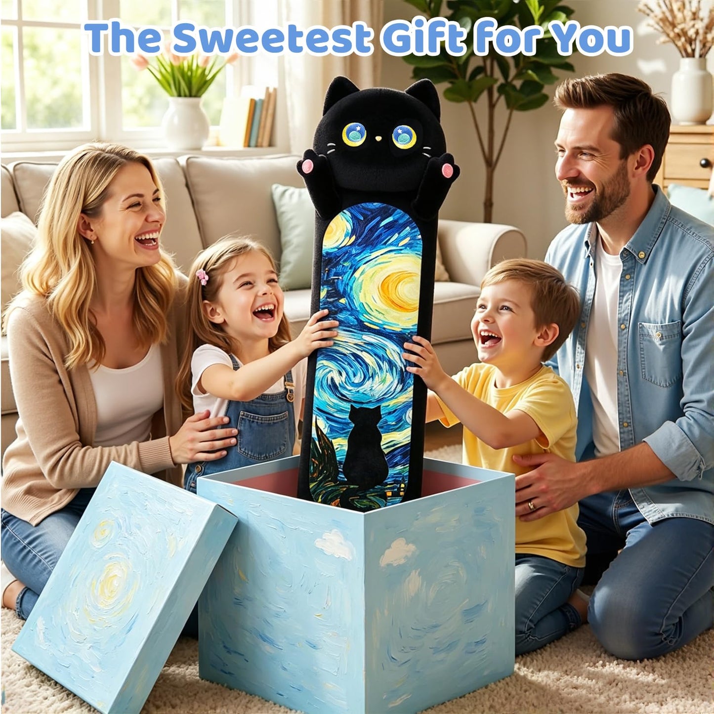 Mewaii Long Cat Plush 5 Sizes, 120% Extra Filling Giant Plushness Kids Body Pillow, Kawaii Cute Black Starry Cat Stuffed Animals Plushies, Big Long Black Cat Body Pillow Plush Gift for Girls 20”