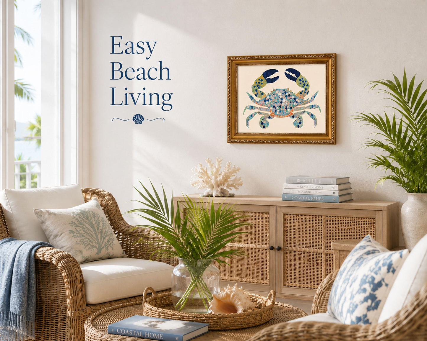 Gold Framed Coastal Watercolor Blue Crab Canvas Wall Art 9x11in