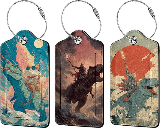 Cat Riding Dinosaur 3 Pack Luggage Tags, PU Leather Luggage Tags for Suitcase,Name ID Labels with Privacy Cover Suitcases and Metal Loop for Travel Bag Suitcase