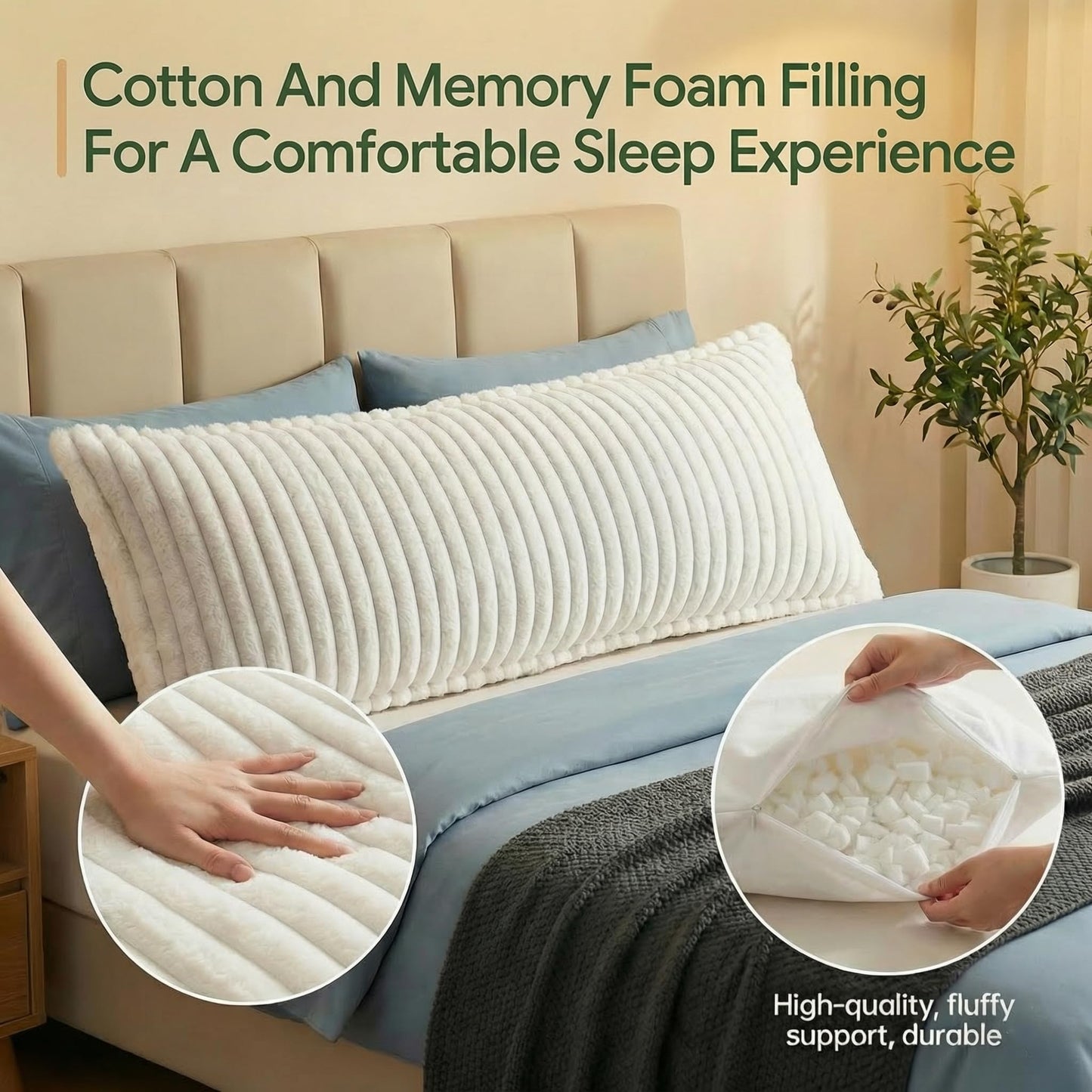 Zhlloucm Luxurious Faux Fur Full Body Pillow for Adults,Shredded Memory Foam Body Pillows for Side Sleeper & Pregnancy, 20x54 Inch Fluffy Long Bed Pillow for Back Pain Relief, Removable Cover
