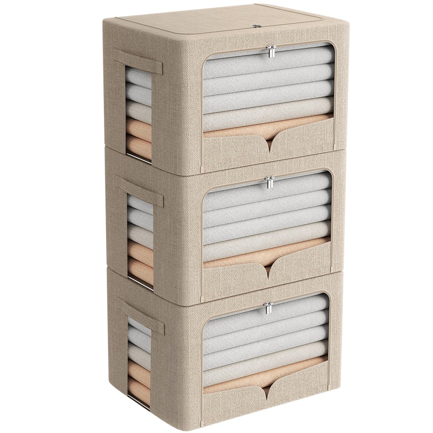 FHSQX 3 Pack Clothes Storage Bins Foldable Metal Frame Storage Box Stackable Linen Fabric Organizer Set with Carrying Handles and Clear Window (Beige, 15.7x11.8x11.8inch(36L))