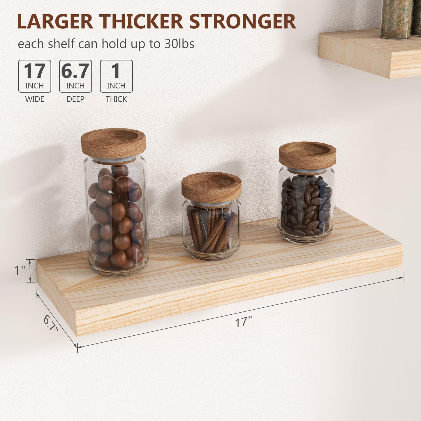 fuqing Natural Wood Floating Shelves - Wood Floating Shelves for Wall Set of 3-17 Inch Wide x 6.7 Inch Deep Natural Wooden Shelves for Living Room Bedroom Home Office