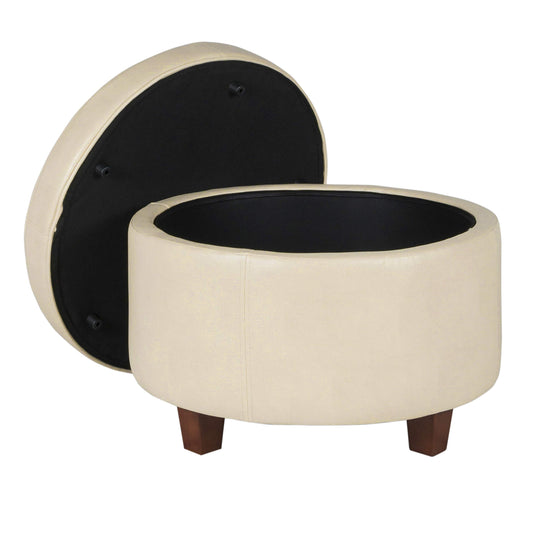HomePop 24" Large Leatherette Round Storage Ottoman - Cream Faux Leather