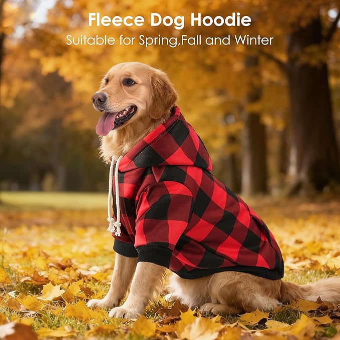 BAOBICUTE Dog Basic Hoodie Soft Dog Clothes Cold Weather Sweaters for Medium Large Dogs Cozy Fabric Warm Sweatshirt with Leash Hole (Red Plaid, S (Back: 12.6",Chest:18.11", Neck: 13.78"))