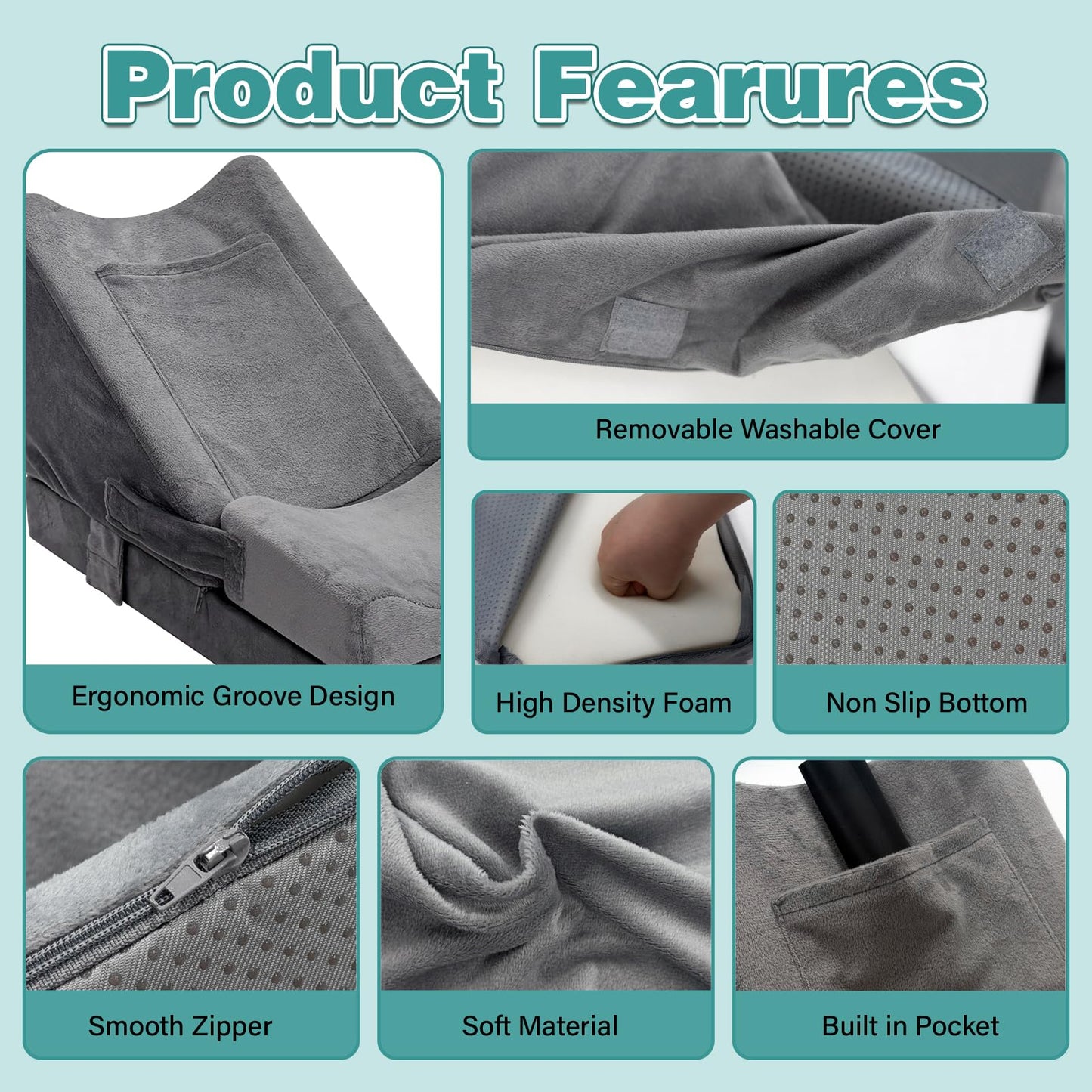CRAURU Arm Wedge Pillow Adjustable Arm Elevation Pillow with Pocket High Density Foam Ergonomic Hand Elbow Support Pillows with Removable Cover, Grey