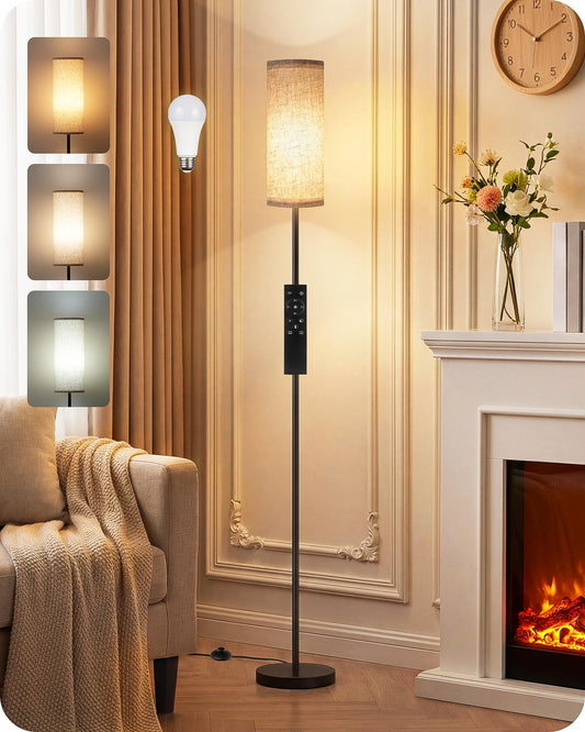 64.4” Slim Floor Lamp for Living Room with Magnetic Remote and Foot Switch, Dimmable Standing Tall Lamp Mood for Bedroom Nursery, 3 Color Temperatures, 1-Hour Timer,900LM Bulb Included,Beige E06LD05W1