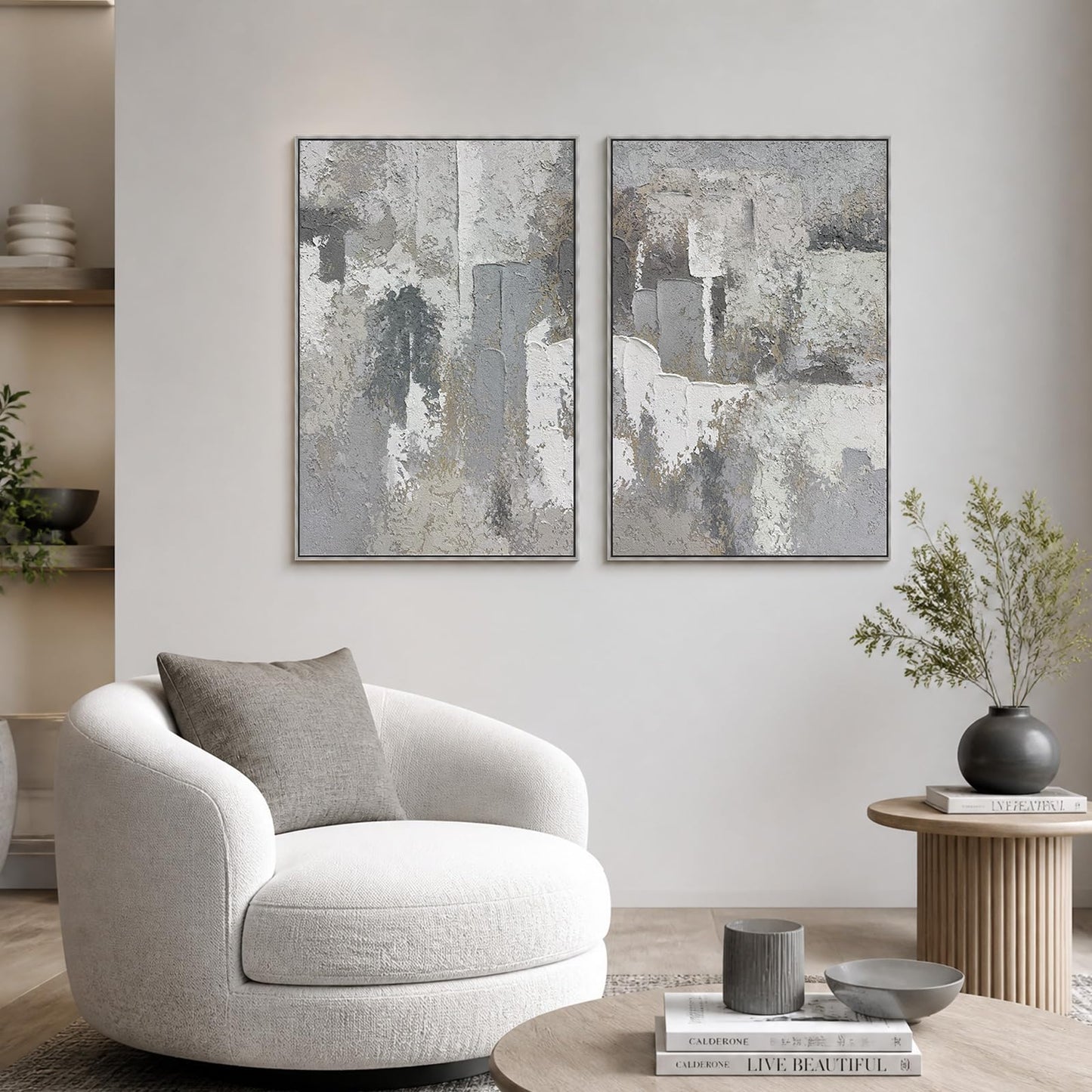 SAFERRYHOME Abstract 3D Textured Wall Art Hand Painted, Large Minimalist Texture Framed Canvas Wall Decor, Neutral Modern Gray White Painting Artwork for Home Office Living Room, 24"x36"x2
