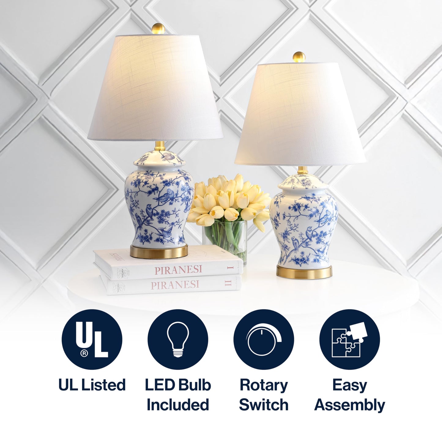 JONATHAN Y 22" Blue/White Ceramic Table Lamp, French Country Chinoiserie Ginger Jar LED Bedside Lamp for Living Room Bedroom, White Linen Shade (JYL3005A-SET2)