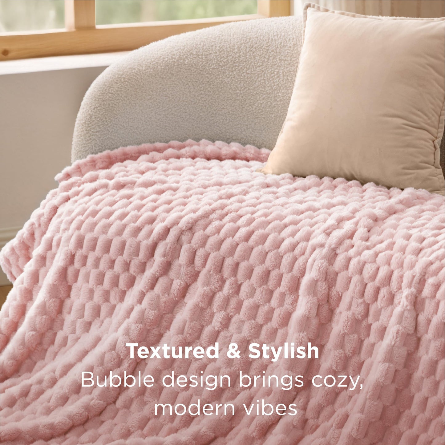 Bedsure Large Throw Blanket for Couch - 350GSM Fluffy Plush Bubble Blanket for Bed Home Room Decor, GentleSoft Cute Fleece Soft Cozy Gifts for Women Girls, Pink, 50x70 Inches