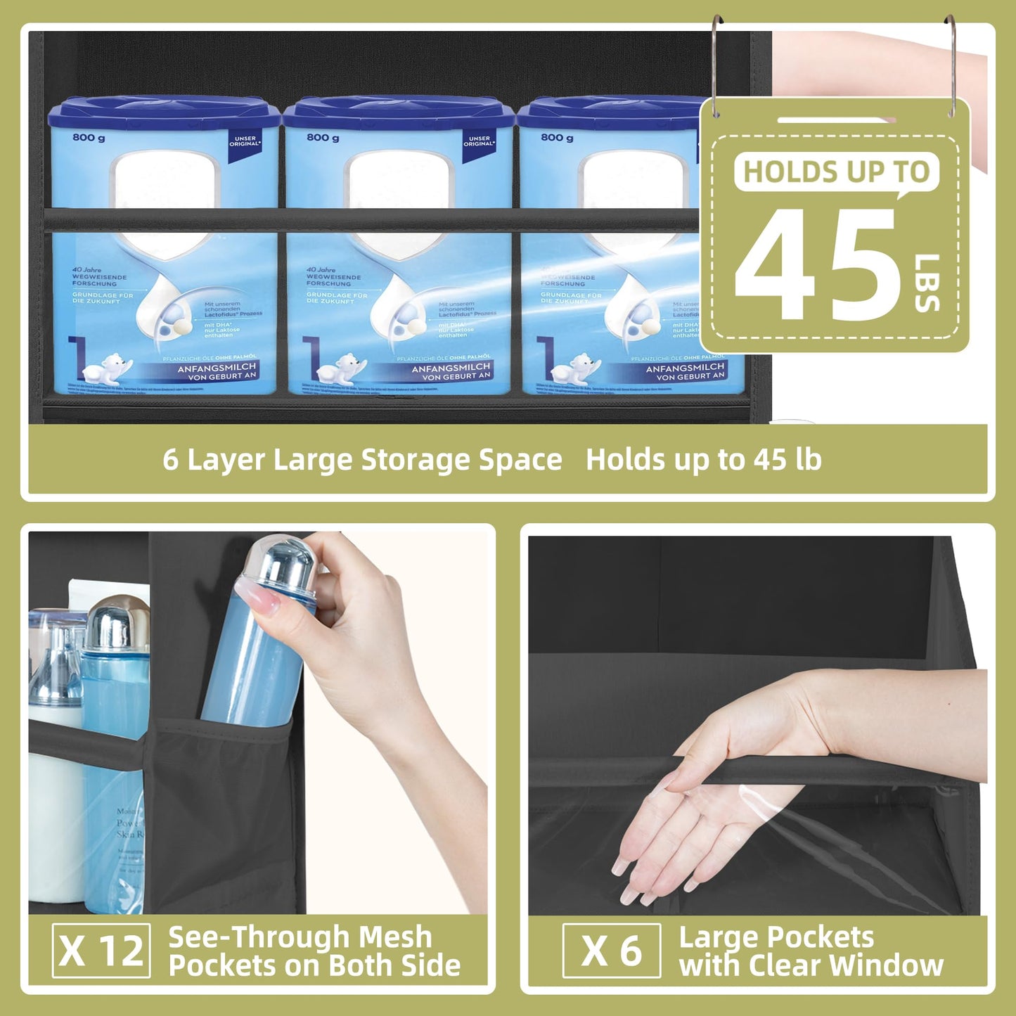 STORAGEIDEAS Over Door Organizer with 6 Extra Large Pockets and 12 Side Pockets, Large Capacity Hanging Storage Organizer with Clear Window for Shoes, Diapers, Black, 6 Layers, 2-Pack