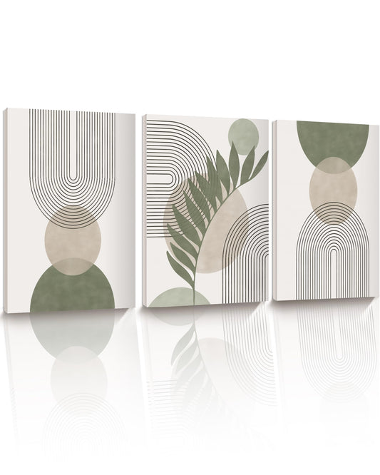 HesenDot 30x40CM Sage Green Boho Wall Art,Framed Canvas Bathroom Wall Art Pictures, Mid-Century Modern Wood Framed Abstract Prints for Bedroom,Minimalist Office Wall Decor 3Pack