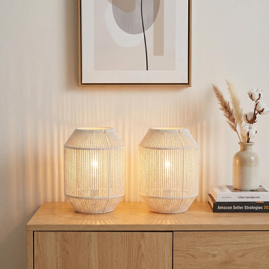 JHY DESIGN Set of 2 Woven Lampshade Table Lamps 8.5" H Cotton Rope Bedside ‌Light‌s Cordless Decorative Battery Operated Lamps with 6 Hours Timer for Bedroom Living Room Weddings Parties Patio