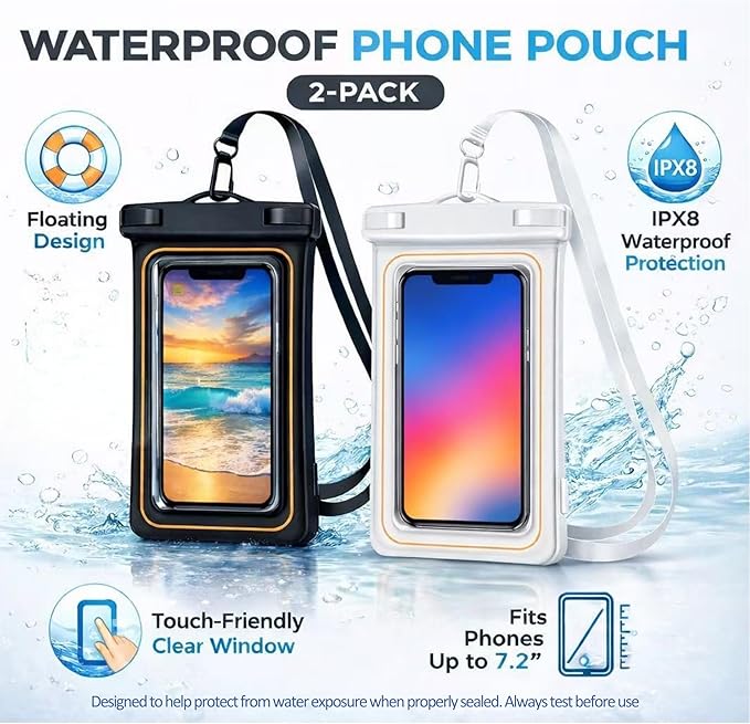 2-Pack IPX8 Floating Waterproof Phone Pouch, Dry Bag with Lanyard, Fits up to 7.2”, Compatible with iPhone 16/15/14/13 Pro Max, Galaxy S25/S24 Ultra, Pixel for Snorkeling, Kayaking(Black-Black)
