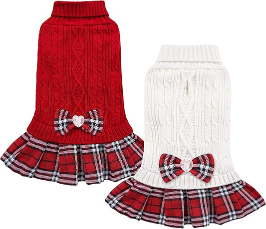 YUDODO 2 Pack Small Dog Sweater Dress with Bowtie Turtleneck - Knitted Pet Girl Dog Winter Clothes - Pet Warm Sweater for Puppy Yorkies, Chihuahua (M Red+White)