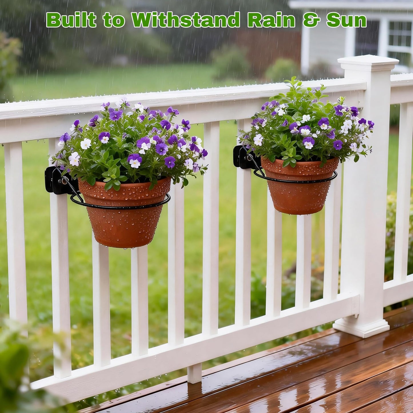 Mytium Railscapes Plant Holder Between Rails - 3pc Heavy Duty Hanging Plant Holder Adjustable Width Rail Scapes for Plants Railings Metal Hanging Plant Pot Stand for Balcony Patio and Stair