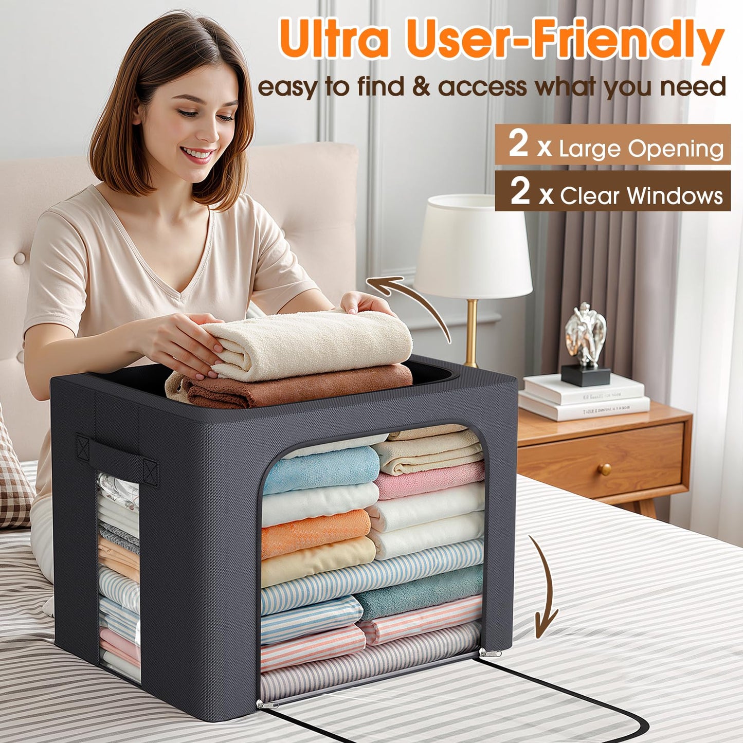 4 Pack Clothes Storage Bins with Metal Frame, 40L Foldable Fabric Storage Boxes with Clear Window, Front & Top Zipper Openings, Stackable Organizer Bins with Handles for Closet & Bedroom (Light Grey)