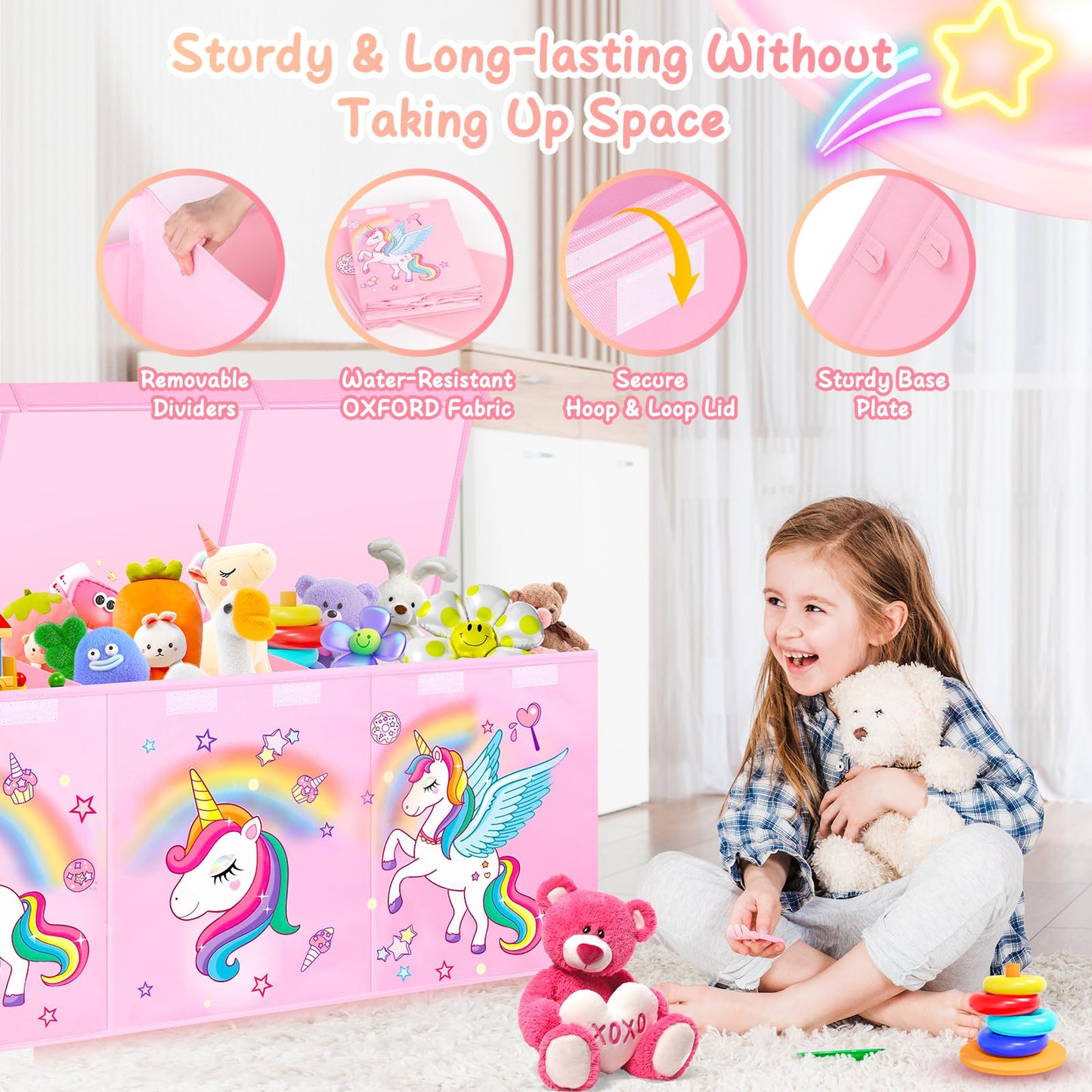 Mabahoo Extra Large Toy Box Chest, Collapsible Toy Storage Organizer with Lids, 40"X14"X16" Sturdy Large Kids Toy Storage Bins Boxes Baskets for Girls, Boys, Nursery, Playroom, Pink