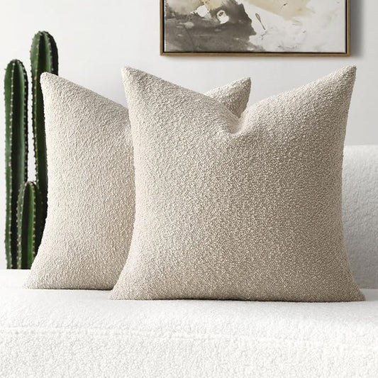 FUTEI Pack of 2 Beige Decorative Throw Pillow Covers 16x16 Inch Soft Cozy Solid Boucle Textured Cushion Case,Modern Home Decor for Couch Bed Living Room