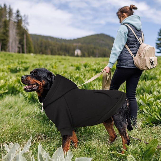 Dog Sweaters,Dog Hoodie,Cozy Fleece Interior Sweatshirt with Hood & Pocket,Leash Hole,Pet Clothes Sweater for Small,Medium,and Large Dogs,Black&XL