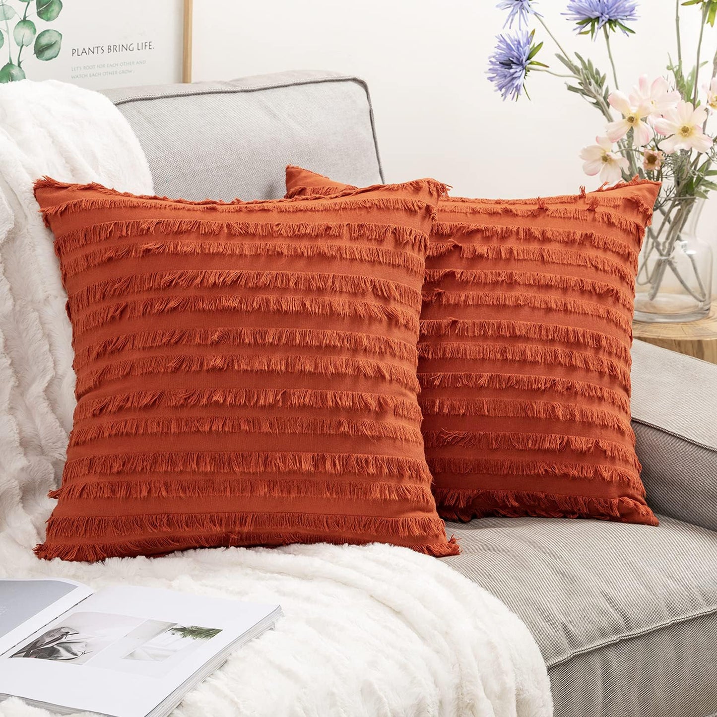 MIULEE Set of 2 Decorative Boho Throw Pillow Covers Linen Striped Jacquard Pattern Summer Cushion Covers for Sofa Couch Living Room Bedroom 20x20 Inch Light Blue