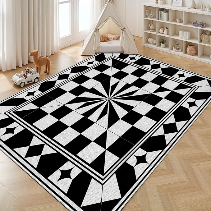 Black and White Checkered Rug, Checkered Rug, Modern Geometric Pattern Carpet, Retro Machine Washable Non Slip Area Rugs, Contemporary Rugs for Living Room/Bedroom 3x4