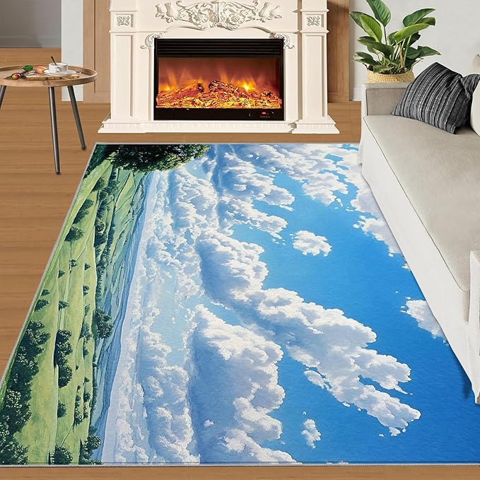 Sky and Clouds 2x3 Area Rugs for Living Room -Grassland and Pasture Washable Rug Rural Landscape Non-Slip Carpet Indoor Floor Stain Resistant Thin Carpets for Bedroom Dining Room Home Office