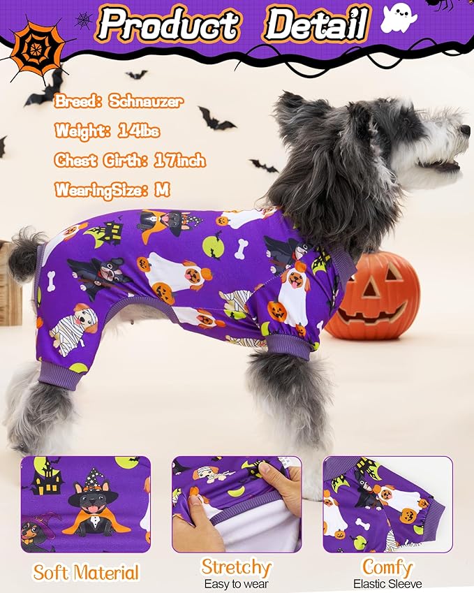 XPUDAC 4 Pack Halloween Dog Pajamas, Funny Ghost Halloween Costumes for Dogs, Soft Strechy Doggy Clothes for Small Medium Dogs Boy Girl, Pet Apparel, L