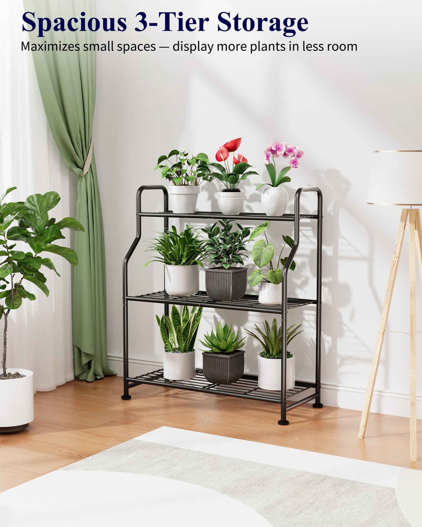Kitsure Plant Stand Indoor & Outdoor - 3-Tier Metal Plant Shelf with Adjustable Leveling Feet, Easy to Assemble Planter Stand for Patio, Balcony, or Garden (Black, 27" x 11.4" x 29.3")
