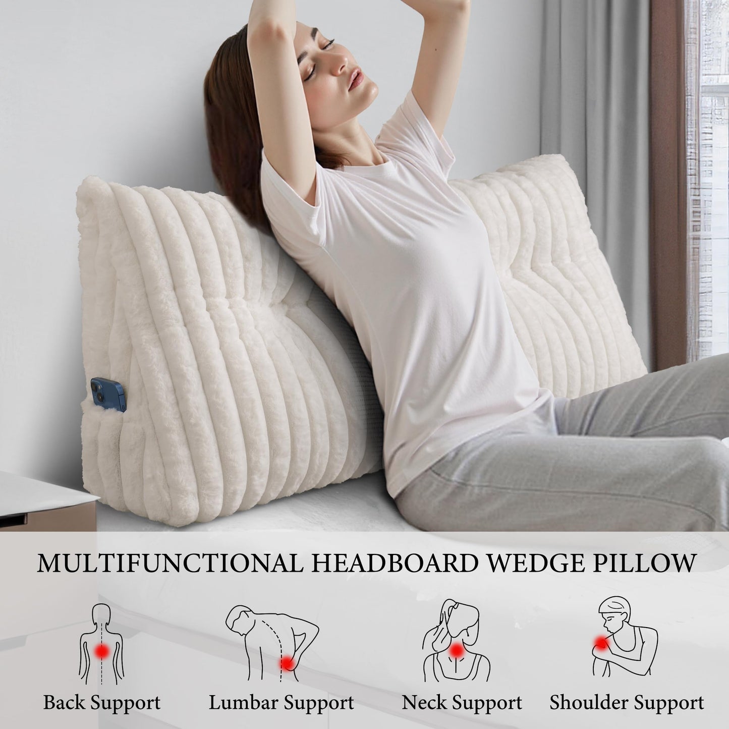 Dorivalley Headboard Pillow Queen, Triangular Wedge Pillow Headboard Queen, Cushion Headboards Reading Pillows, Backrest Pillows for Sitting in Bed or Working with Removable Cover, Beige