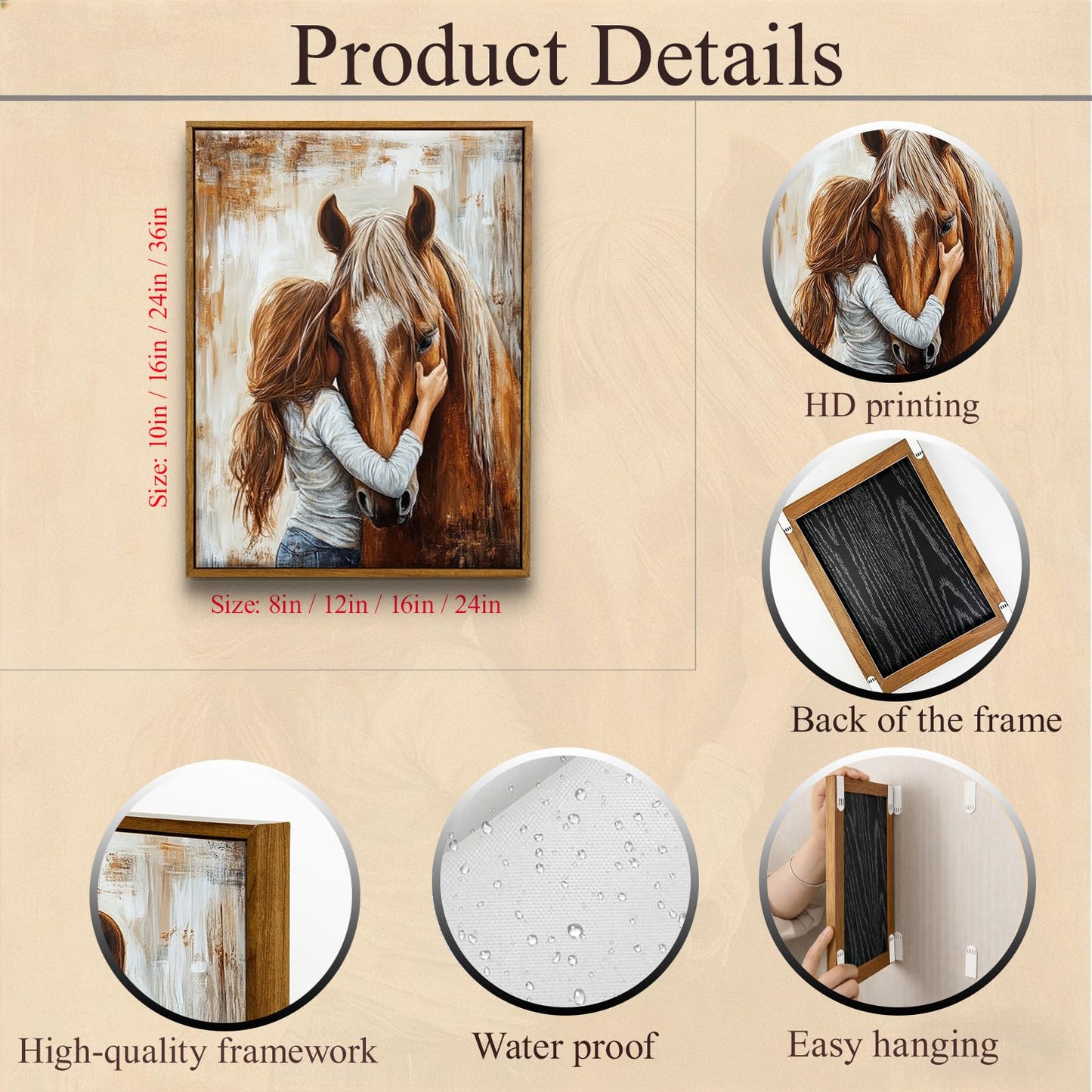 Framed Horse Canvas Wall Art Girl and Horse Rustic Farmhouse Equestrian Pictures Wall Decor for Girls Bedroom, Western Country Art for Living Room Study (8x10in)