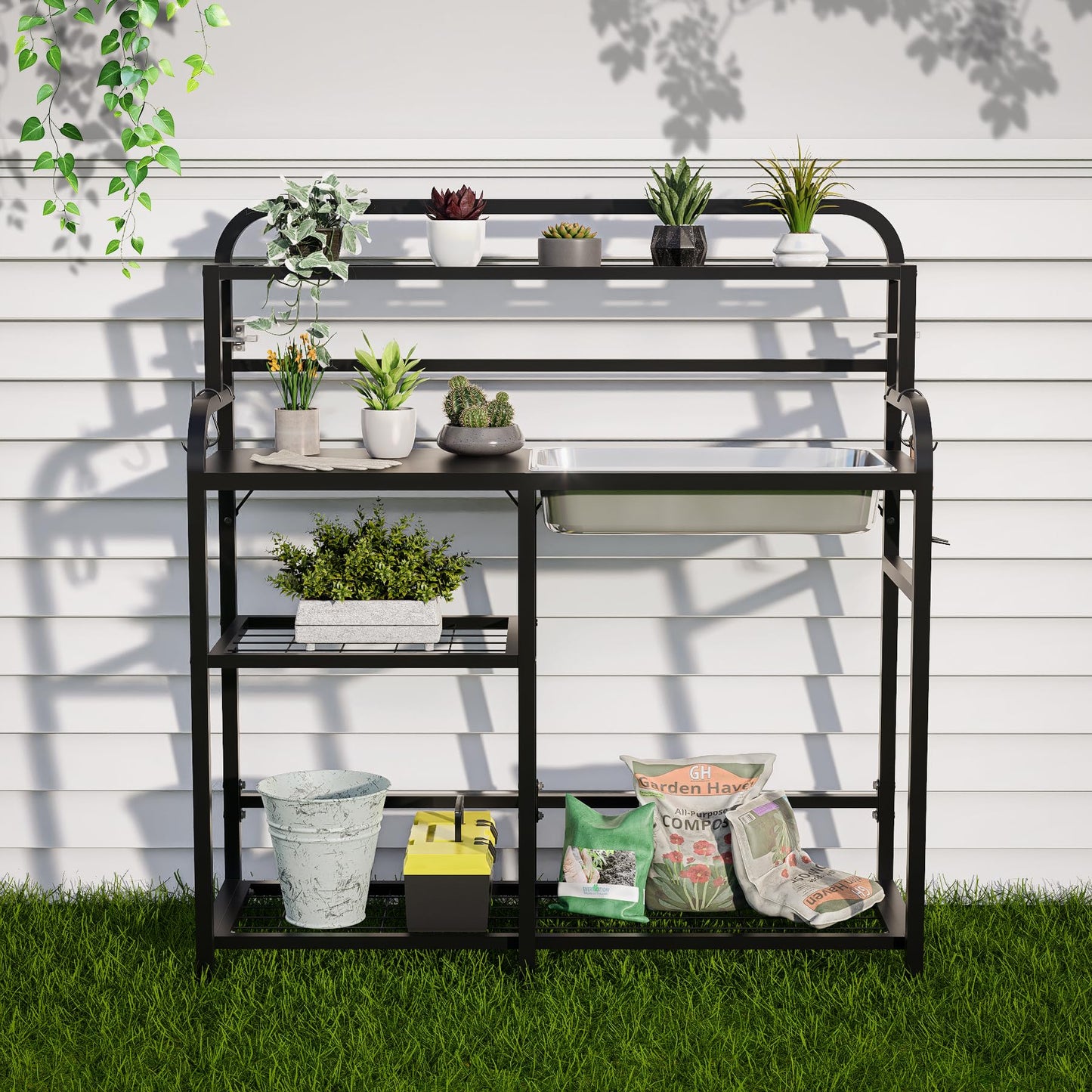 FUXJUM Outdoor Potting Bench Table with Sink & Storage, Heavy Duty Metal Gardening Workbench, 4-Tier Garden Potting Station with Hooks, Adjustable Height Planting Table for Patio Lawn Backyard, Black
