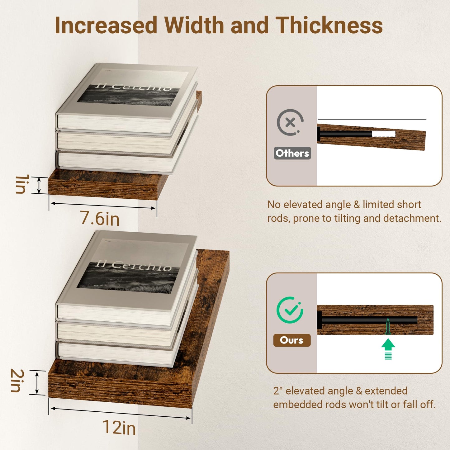 Feihorrm 55 Inch Floating Shelves, 12 Inch Deep Floating Shelves for Wall, Extra Deeper & Thicker Wooden Wall Shelf with Invisible Brackets, Shelf for Bedroom Home Decor（Rustic Brown, Set of 2）