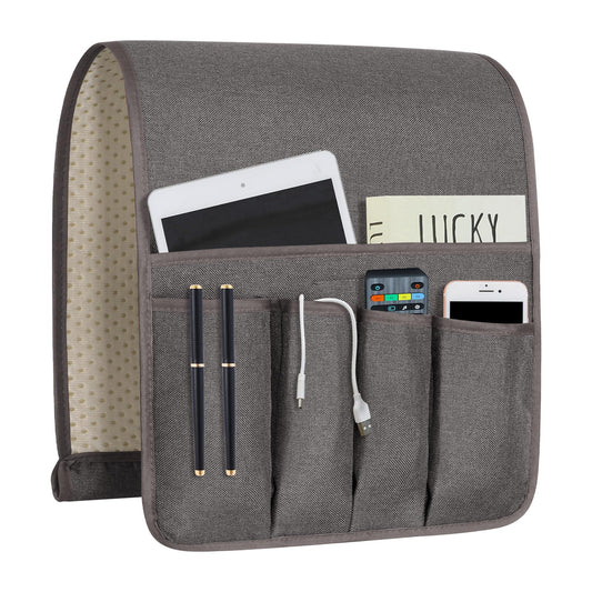 NB Remote Control Holder，Bedside & Armchair & Couch Caddy with Non-Slip Base，5 Pockets Oxford Fabric Bed Desk Storage Pocket for Phone Tablet Kindle Magazines，Gifts for Seniors (Dark Grey, 35"X12.4")