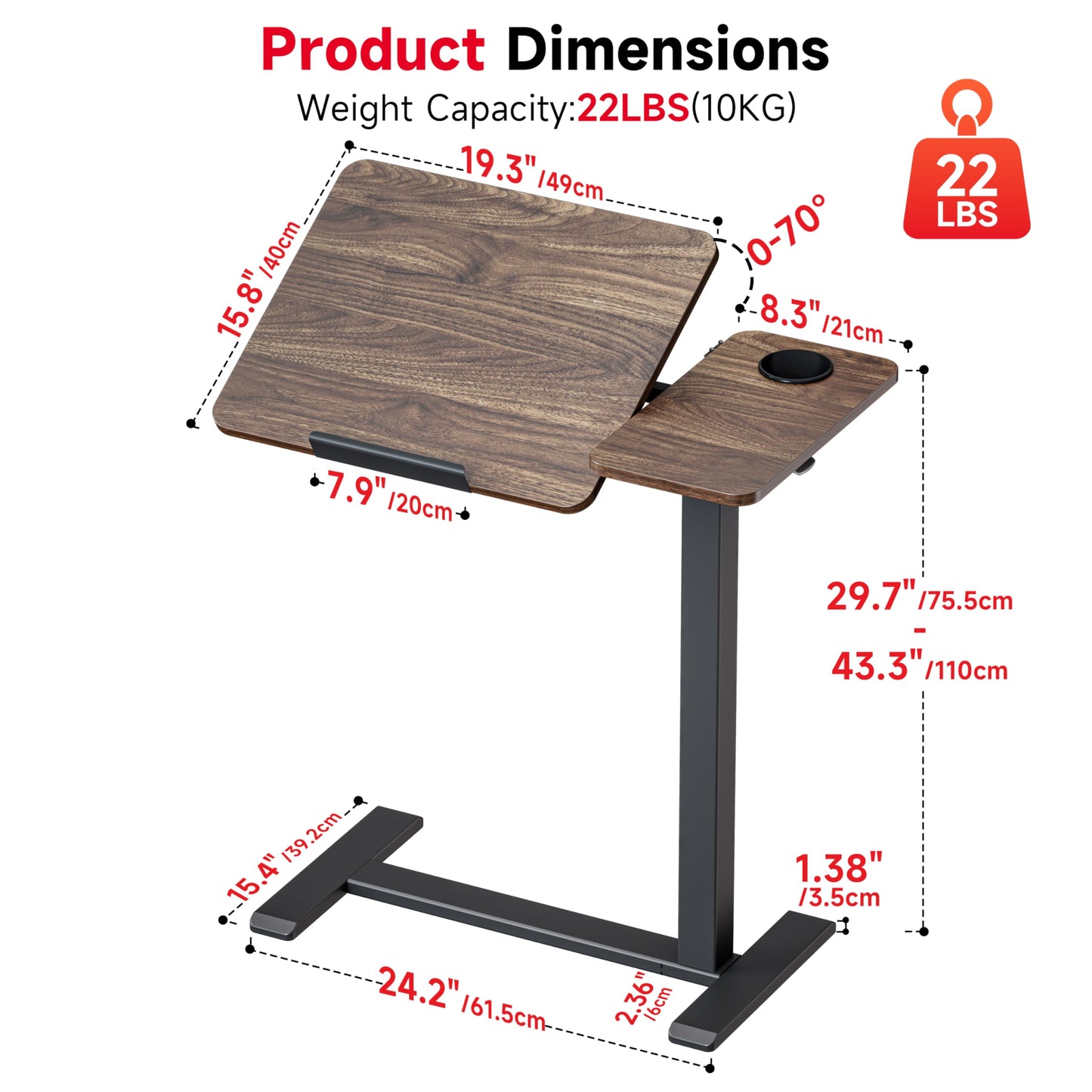 Okin Overbed Bedside Table with Wheels, Adjustable Medical Tilt Top Hospital Bed Table Over The Bed, Rolling Desk Mobile Standing Desk for Hospital Home Use (Walnut)