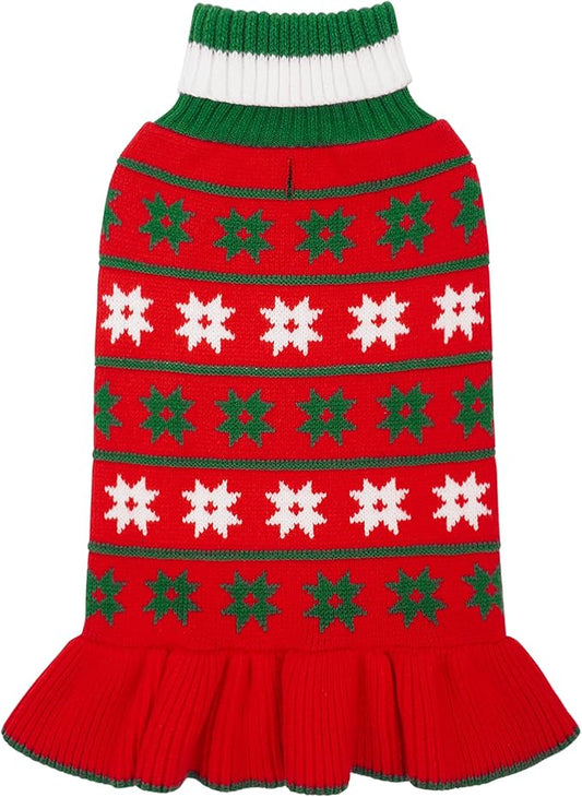 KYEESE Dog Christmas Sweater Pullover Dog Sweater for Small Dogs Warm Dogs Coats Pet Clothes Pet Sweater Dress with Snowflake Pattern Turtleneck Knit Pet Sweater for Girl with Leash Hole, Red, Large