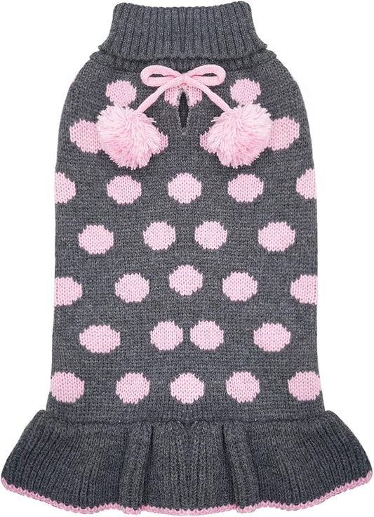 KYEESE Dog Sweaters with Leash Hole Small Turtleneck Dog Sweater Dress for Girl Polka Dot Knit Warm Pet Clothes with Pom Pom Ball