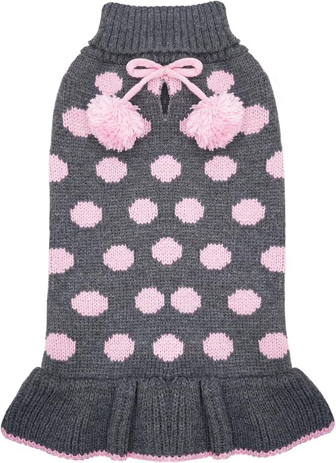 KYEESE Dog Sweaters with Leash Hole for Small Dogs Turtleneck Dog Sweater Dress for Girl Polka Dot Knit Pullover Doggie Sweater Warm Pet Sweater