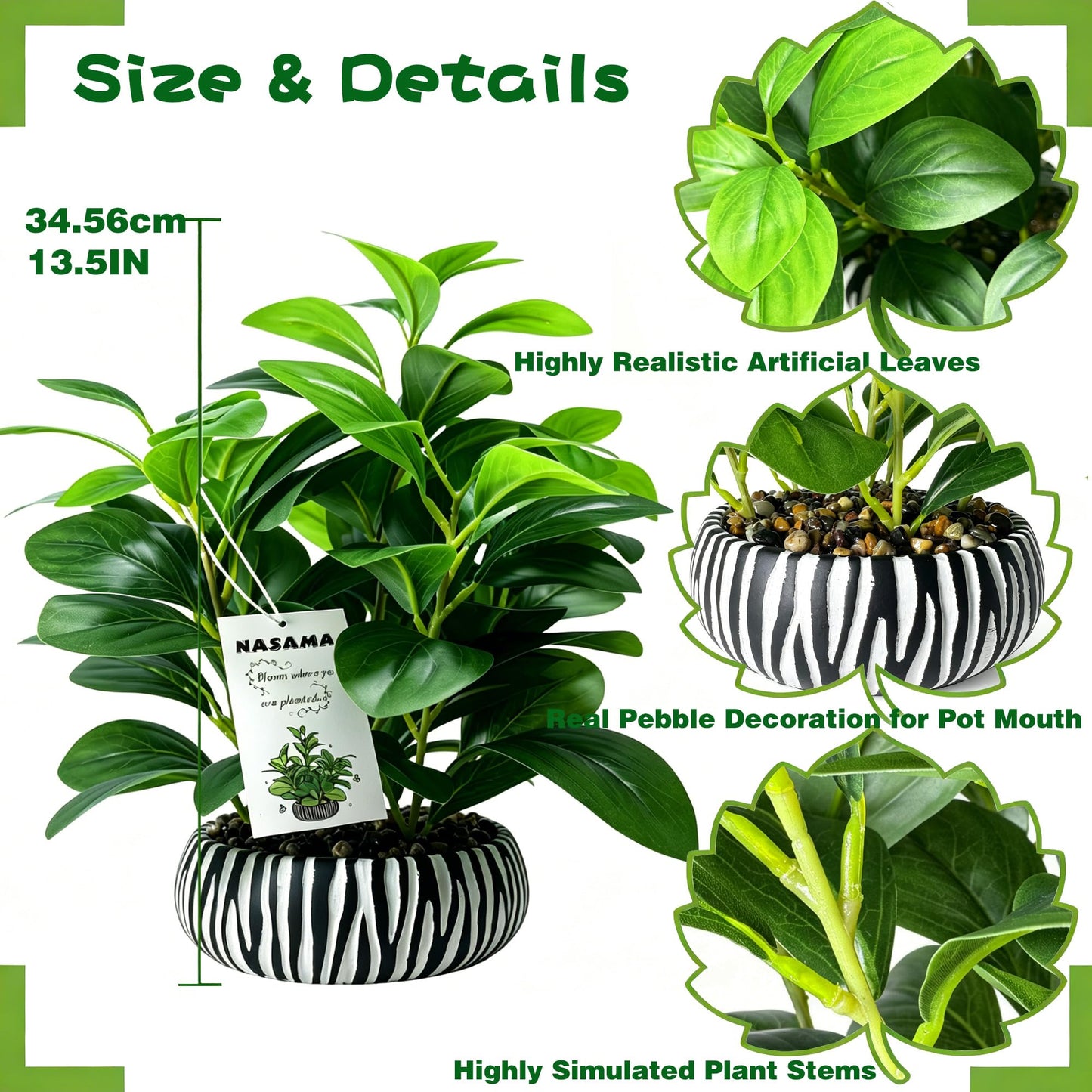 NASAMA Realistic Artificial Potted Plant, Faux Indoor Greenery for Home Office Living Room Bookshelf Bathroom Decor, Low-Maintenance Space-Saving Fake Plants with Modern Decorative Vase