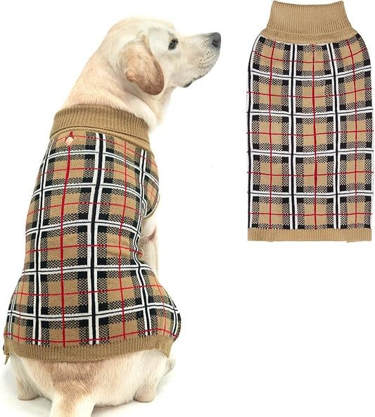 PUPTECK Dog Sweaters for Large Medium Small Dogs - Fall Classic Plaid Style Puppy Holiday Winter Coat Clothes Warm