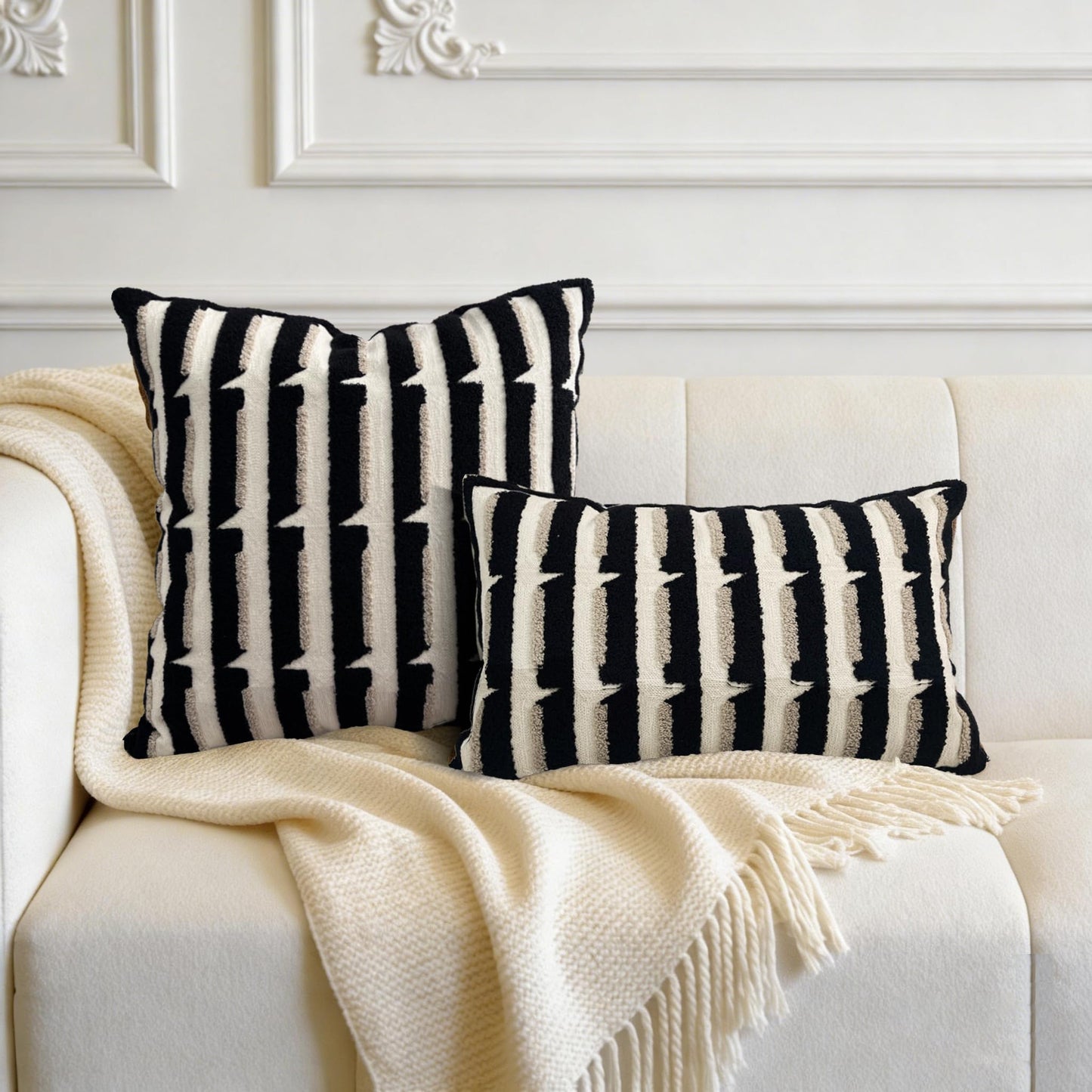 Mussepera 20"x20" Black Cream Stripe Tufted Pillow Covers Luxury Geometric Accent Pillows Soft Woven Decorative Pillow Cases for Couch, Sofa, Bedroom Décor (Black, 20"×12")