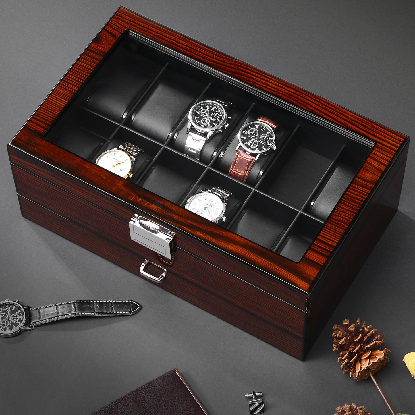 BEWISHOME Watch Box 12-Slot, Watch Case with Large Glass Lid