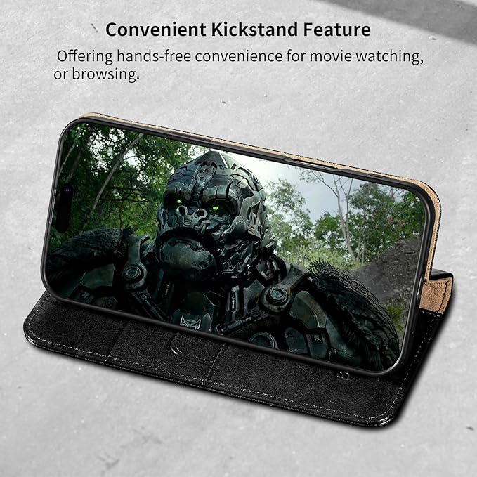 Belemay Leather Wallet Case Compatible with iPhone 17, Premium Cowhide Leather Two-Tone Effect, RFID Blocking Card Holders, Shockproof TPU Shell, Kickstand, Protective Flip Cover, 6.3", Black