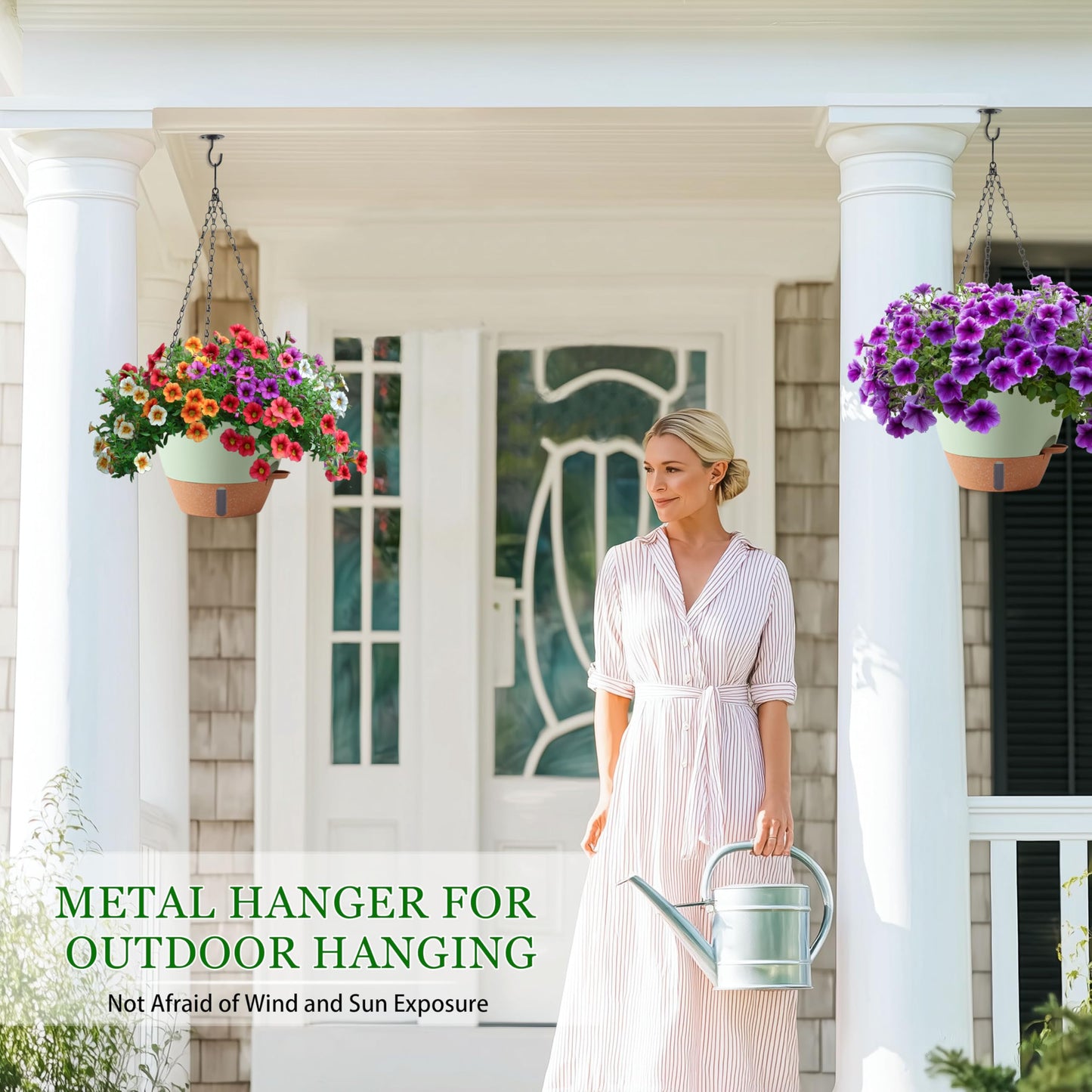 Fielda 10 Inch Hanging Planters for Indoor Plants, 2 Pack Self Watering Hanging Baskets Flower Pots with Drainage Hole, Visual Reservoir & 2 Kinds of Plant Hanger for Home Decor(Green)