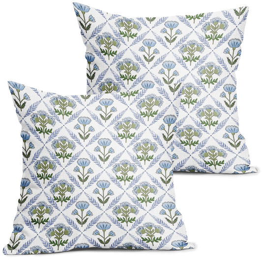 aportt Blue Green Block Print Pillow Covers 18X18 Inch Set of 2 Boho Flower Decorative Pillow Cases Spring Summer Rustic Cotton Linen Cushion Case Farmhouse Home Decor for Sofa Couch Living Room