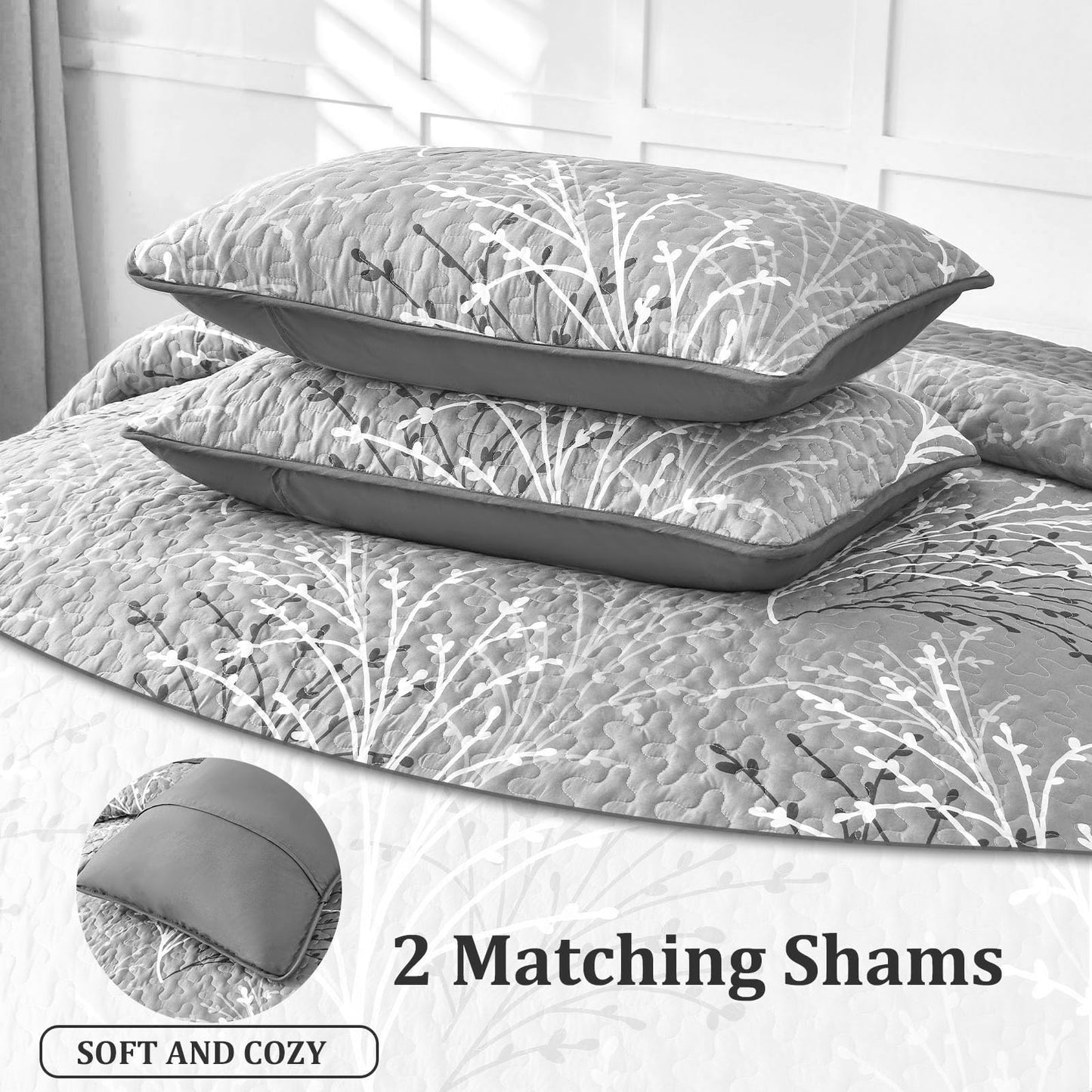 DJY Grey Quilt Set Queen Size - Branch Botanical Pattern Bedspread Coverlet Set, 3 Pieces Gray Floral Quilt Bedding Set, Soft Lightweight Microfiber Reversible Summer Quilt Set