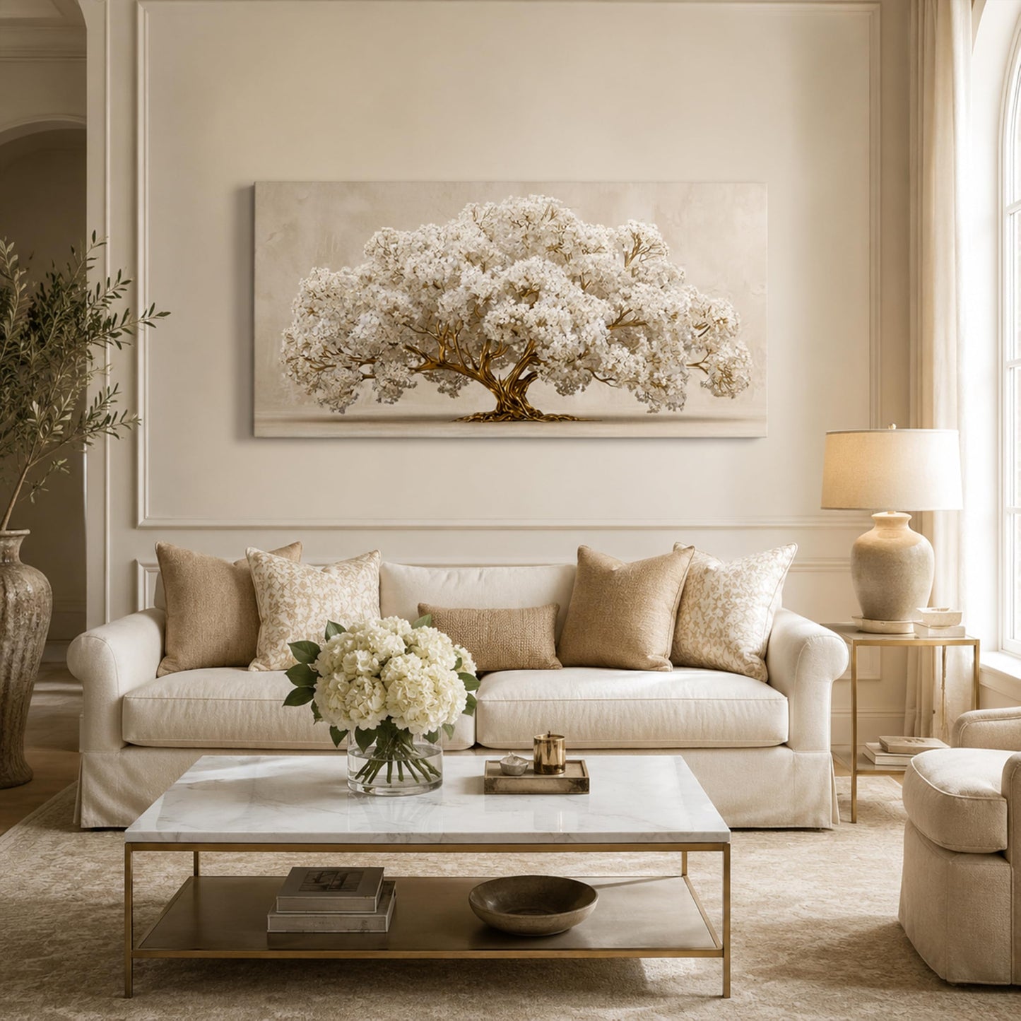 Anpeer Large Tree of Life Canvas Wall Art, Gold and White Big Tree Painting Picture Wall Decor, Neutral Beige Botanical Floral Print Artwork, for Office Living Room Dining Bedroom Home Decoration