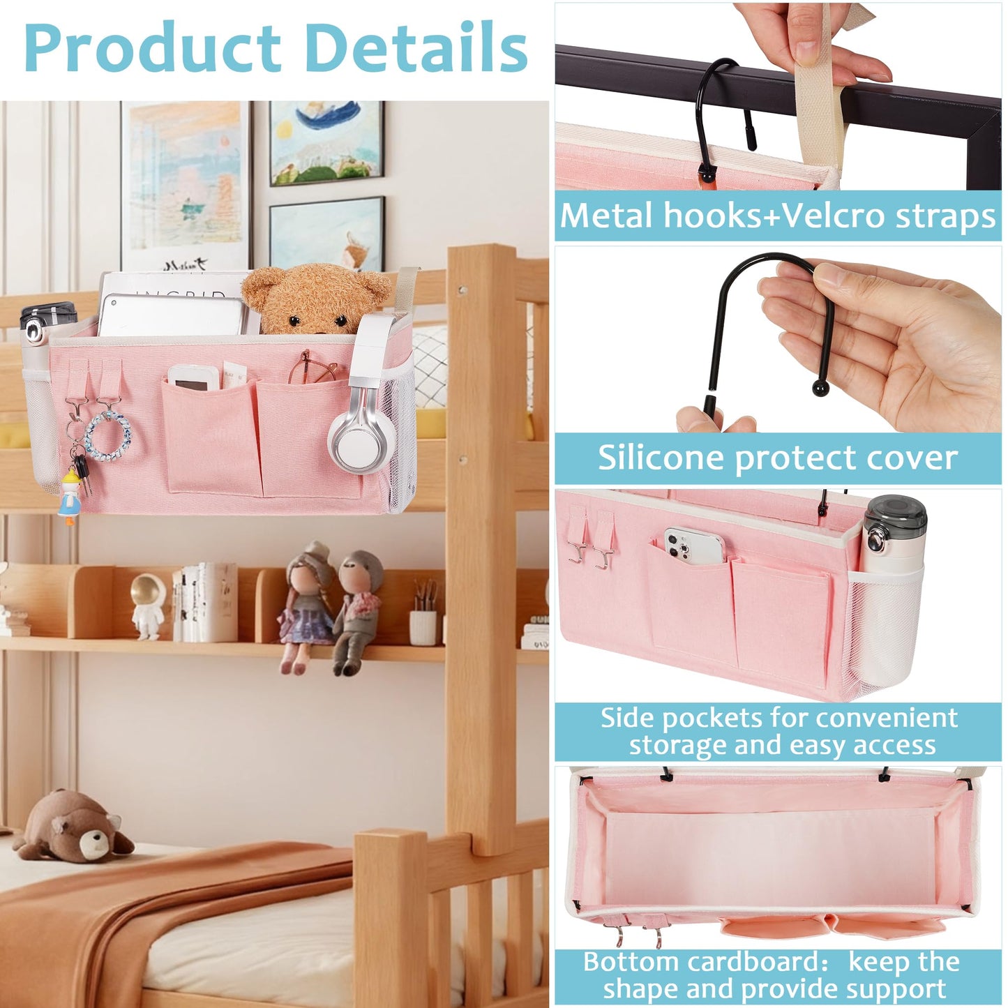 Loghot Bedside Caddy/Bedside Storage Bag Hanging Organizer for Bunk and Hospital Beds,Dorm Rooms Bed Rails,Can be Placed Glasses,Books,Mobile Phones,Keys (Light Pink)