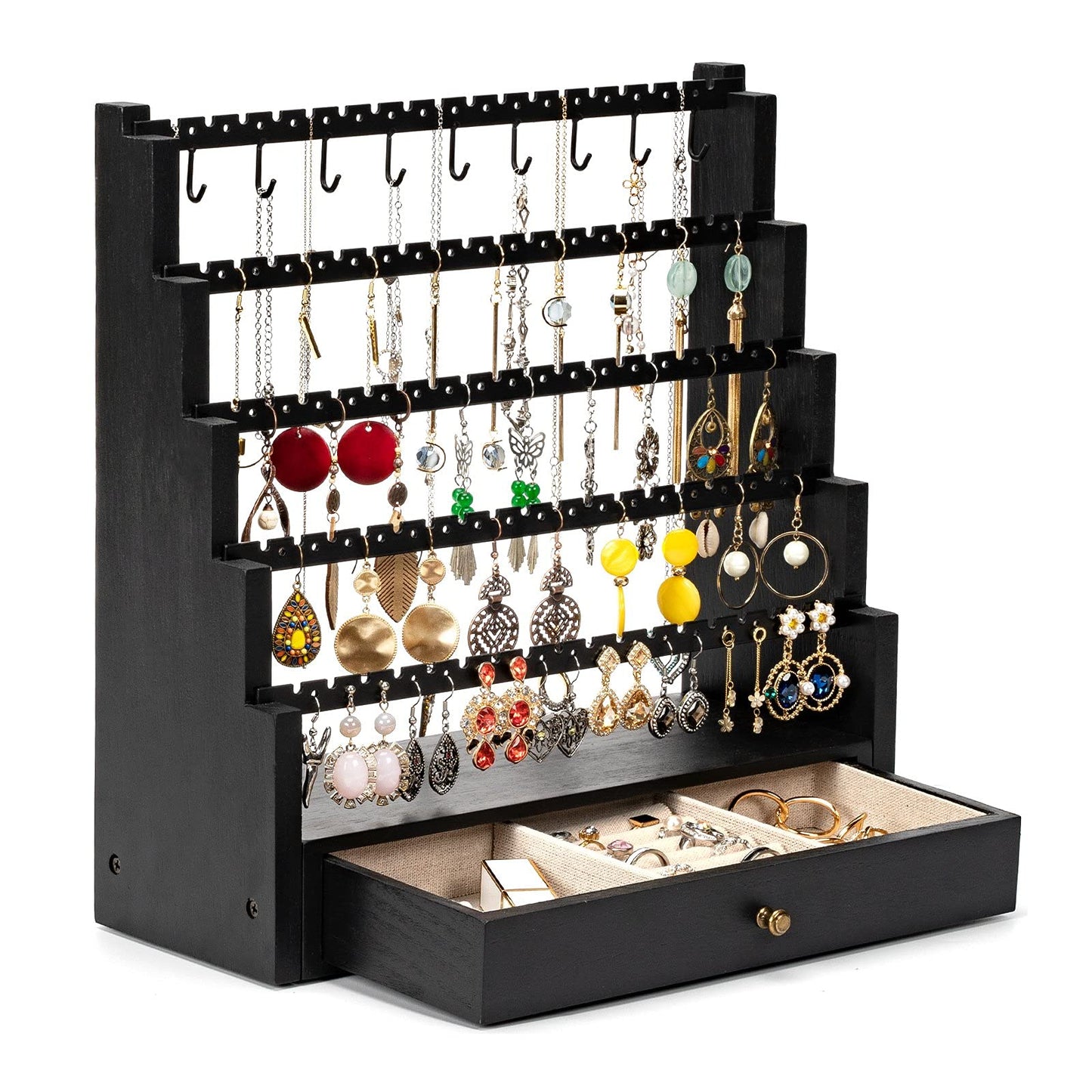Pinzoveco Earring Organizer, 5 Layer Earring Holder Organizer with Metal Necklace Holder Pole, Rustic Wood Jewelry Organizer Stand Display for Stud Earring Bracelet Necklace Ring, 175 Earring Holes